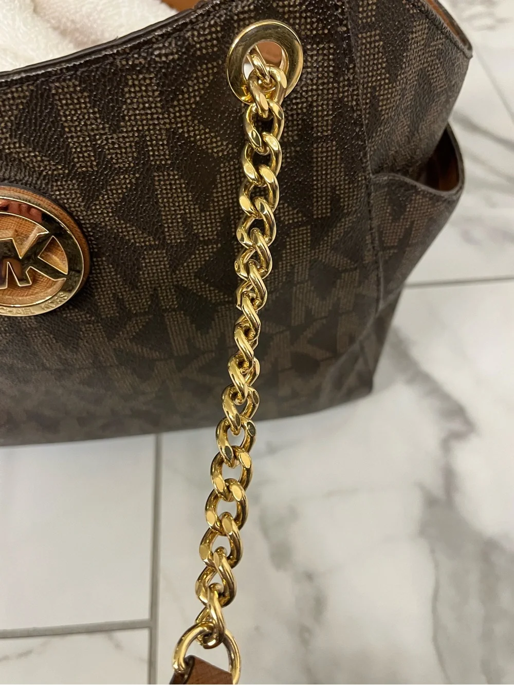 Michael Kors Brown MK Signature Shoulder Bag with Gold Hardware